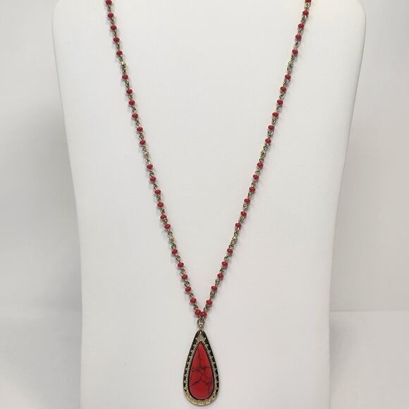 Chaps Faux Red Stone Teardrop Pendant Necklace Beaded Western Boho Casual - Picture 1 of 5